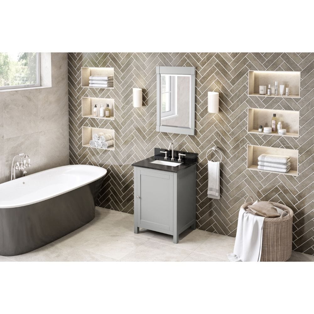 The hardwood Astoria vanity features clean lines and a stepped door profile for a modern look.