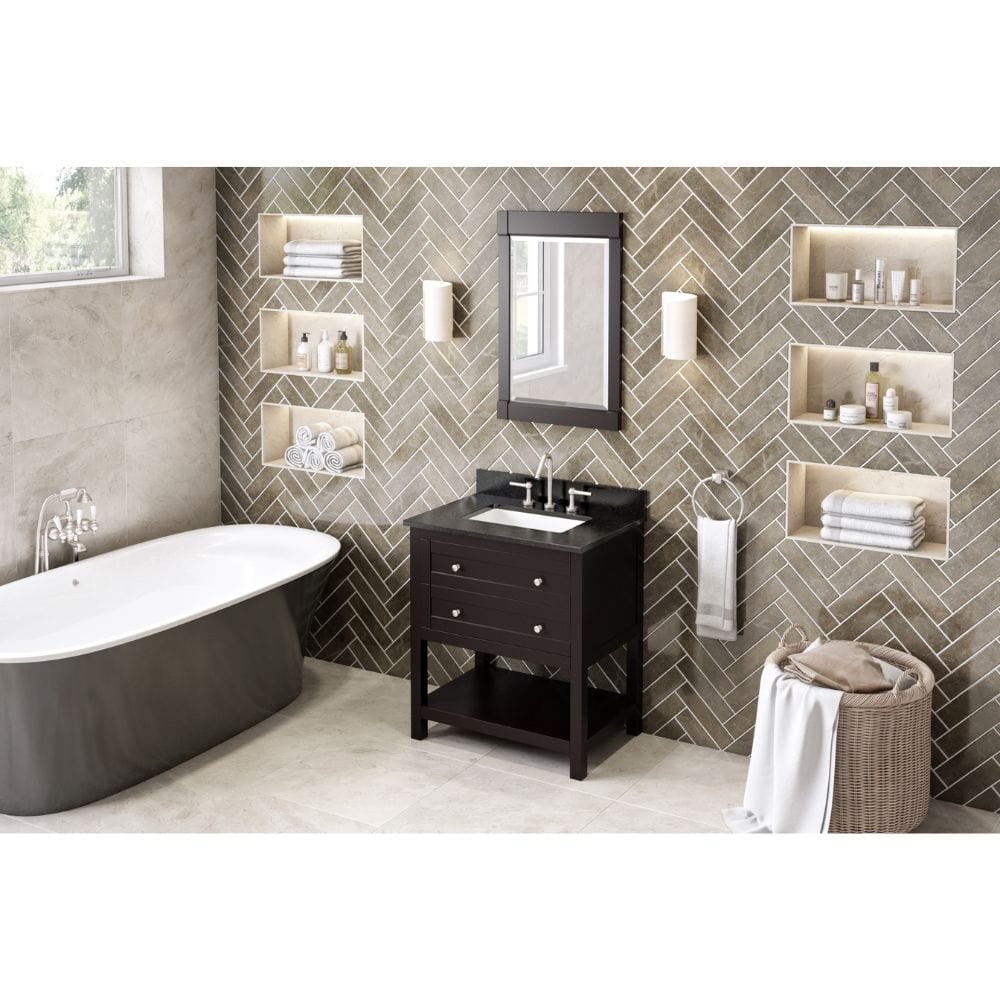 The hardwood Astoria vanity features clean lines and a stepped door profile for a modern look.