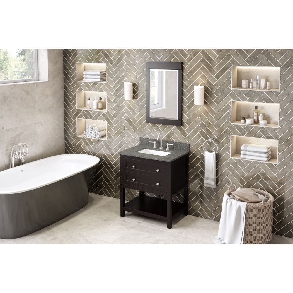 The hardwood Astoria vanity features clean lines and a stepped door profile for a modern look. 