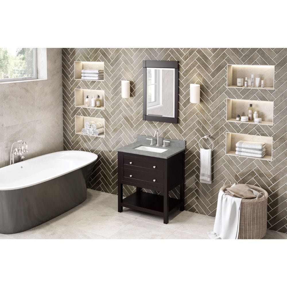 The hardwood Astoria vanity features clean lines and a stepped door profile for a modern look.