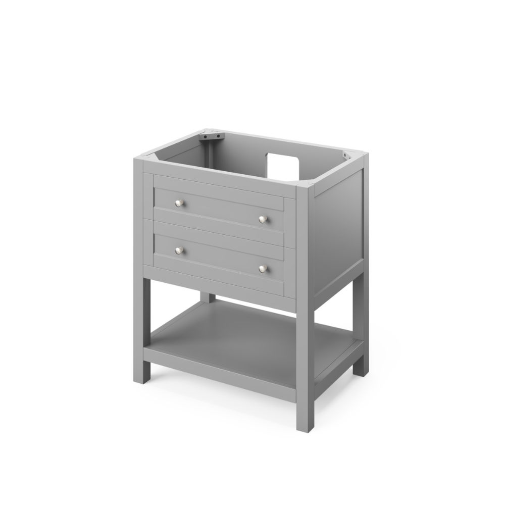 Full-extension soft-close slides and hinges Round knobs included Open bottom shelf for extra storage