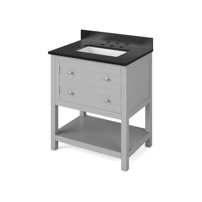 Jeffrey Alexander 30" Grey Astoria Vanity, Black Granite Vanity Top, undermount rectangle bowl | VKITAST30GRBGR