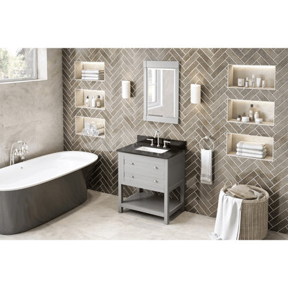 The hardwood Astoria vanity features clean lines and a stepped door profile for a modern look. 