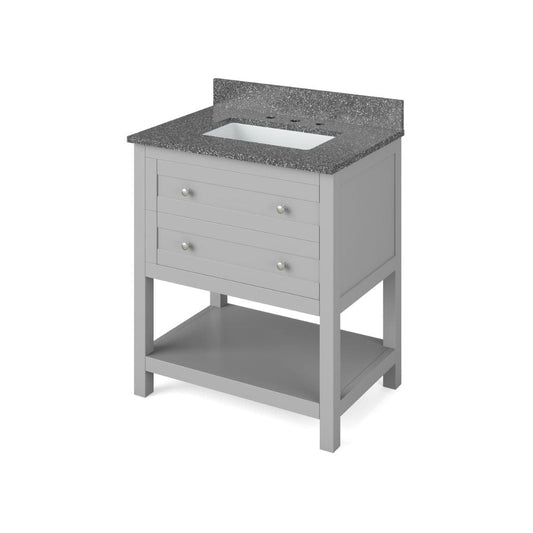 Jeffrey Alexander 30" Grey Astoria Vanity, Boulder Cultured Marble Vanity Top, undermount rectangle bowl | VKITAST30GRBOR