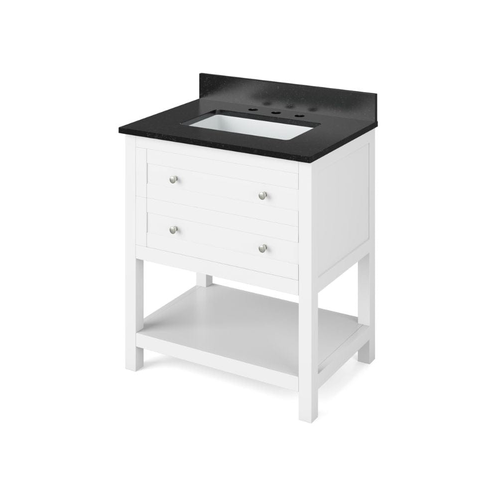 Jeffrey Alexander 30" White Astoria Vanity, Black Granite Vanity Top, undermount rectangle bowl | VKITAST30WHBGR