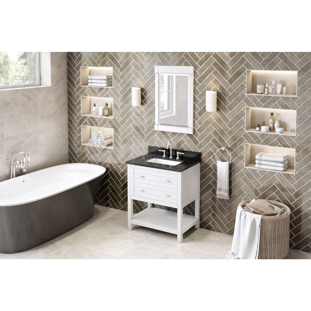 The hardwood Astoria vanity features clean lines and a stepped door profile for a modern look. 