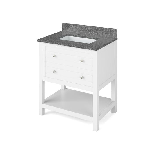 Jeffrey Alexander 30" White Astoria Vanity, Boulder Cultured Marble Vanity Top, undermount rectangle bowl | VKITAST30WHBOR