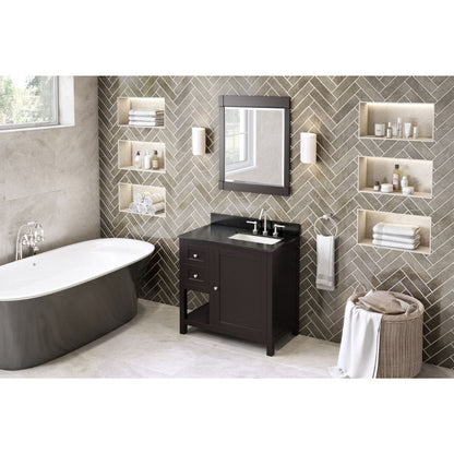 The hardwood Astoria vanity features clean lines and a stepped door profile for a modern look.