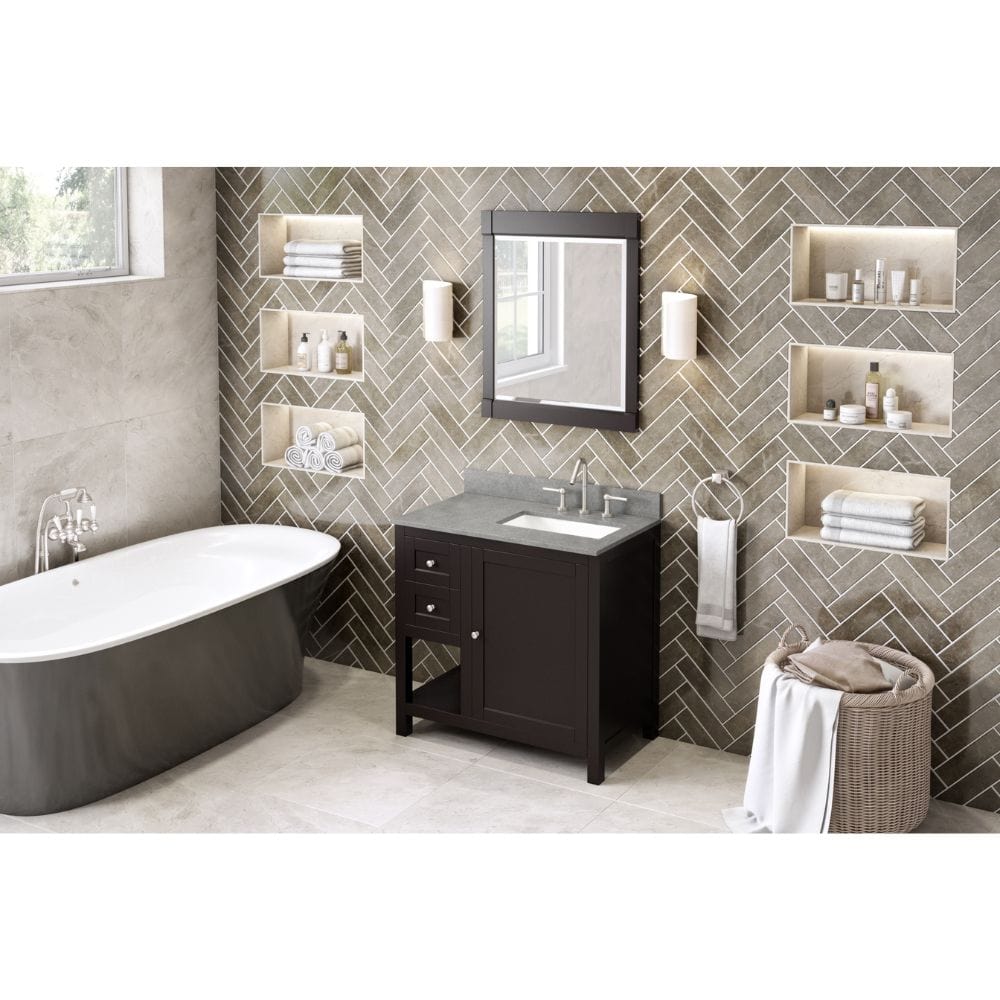 The hardwood Astoria vanity features clean lines and a stepped door profile for a modern look.