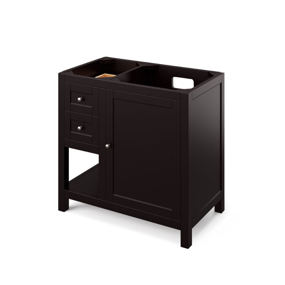 Storage provided by two offset drawers, an open shelf, and dovetail rollout drawer Round knobs included