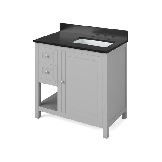 Jeffrey Alexander 36" Grey Astoria Vanity, right offset, Black Granite Vanity Top, undermount rectangle bowl | VKITAST36GRBGR