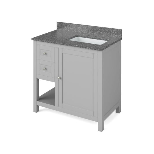 Jeffrey Alexander 36" Grey Astoria Vanity, right offset, Boulder Cultured Marble Vanity Top, undermount rectangle bowl | VKITAST36GRBOR