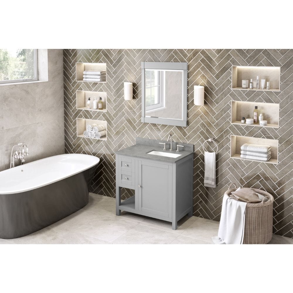 The hardwood Astoria vanity features clean lines and a stepped door profile for a modern look. 