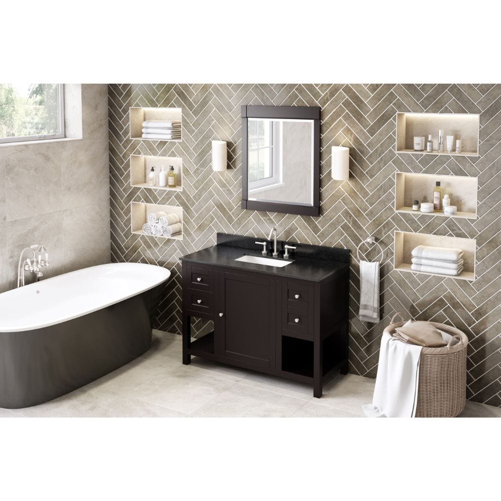 This hardwood Astoria vanity collection features clean lines and a stepped door profile for a modern look.