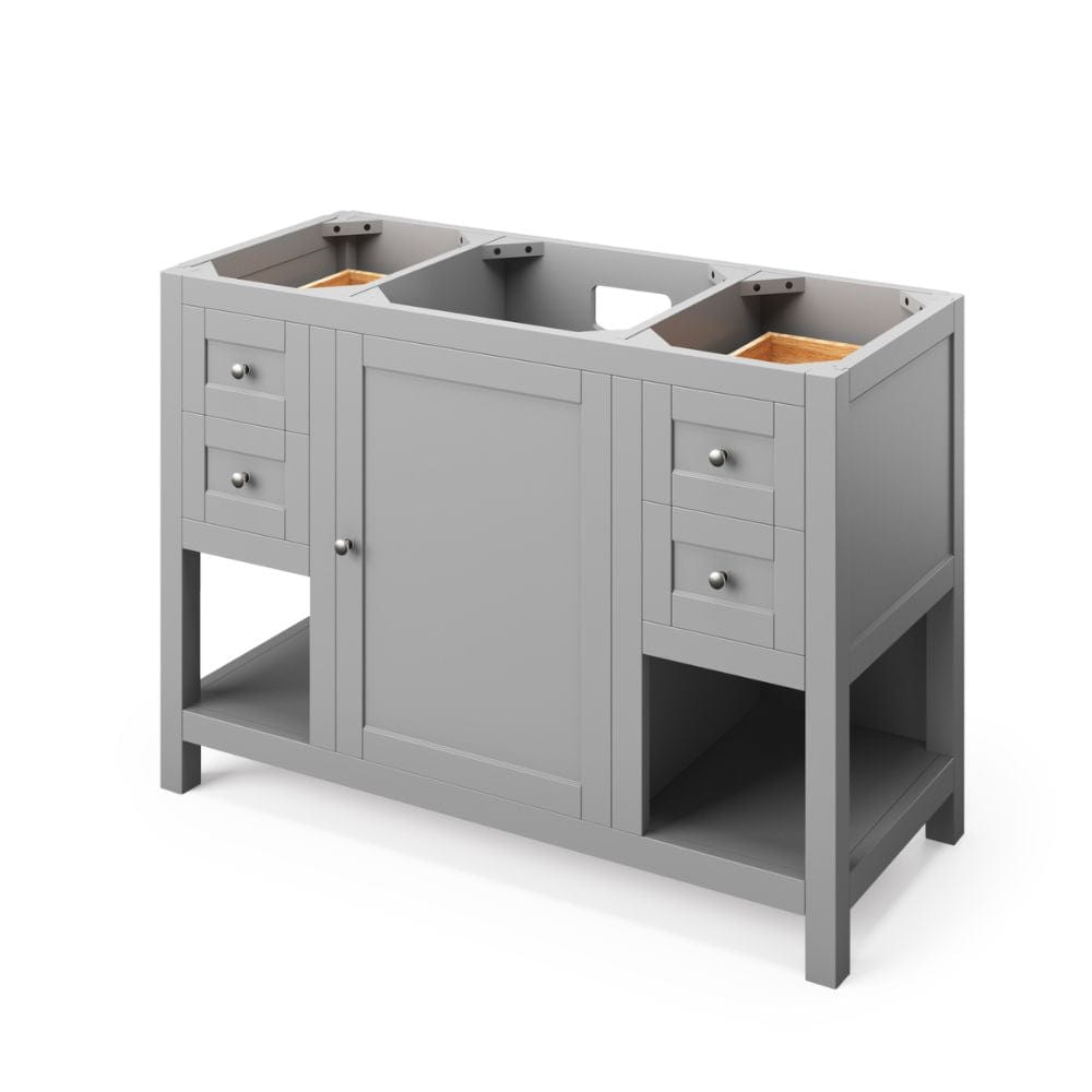 Maximized storage with two pairs of dovetail drawers, open shelves, and dovetail rollout drawer Round knobs included