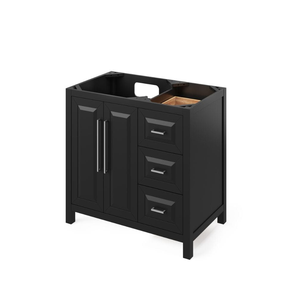 Storage provided by three offset drawers, dovetail rollout drawer and adjustable shelf Square pulls included