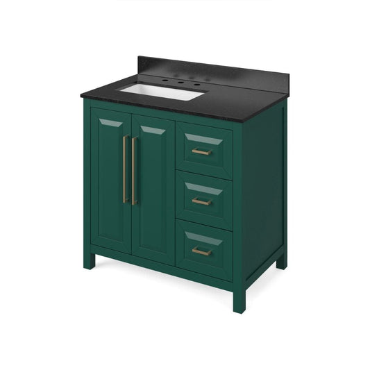 Jeffrey Alexander 36" Forest Green Cade Vanity, left offset, Black Granite Vanity Top, undermount rectangle bowl | VKITCAD36GNBGR