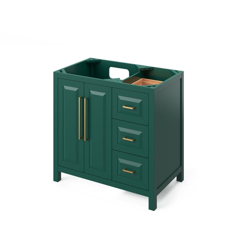 Storage provided by three offset drawers, dovetail rollout drawer and adjustable shelf Square pulls included