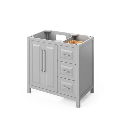 Storage provided by three offset drawers, dovetail rollout drawer and adjustable shelf Square pulls included