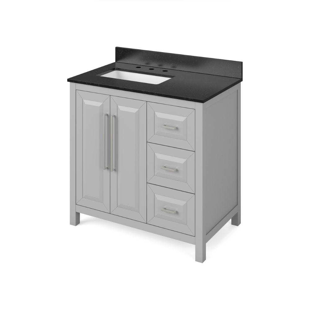 Jeffrey Alexander 36" Grey Cade Vanity, left offset, Black Granite Vanity Top, undermount rectangle bowl | VKITCAD36GRBGR