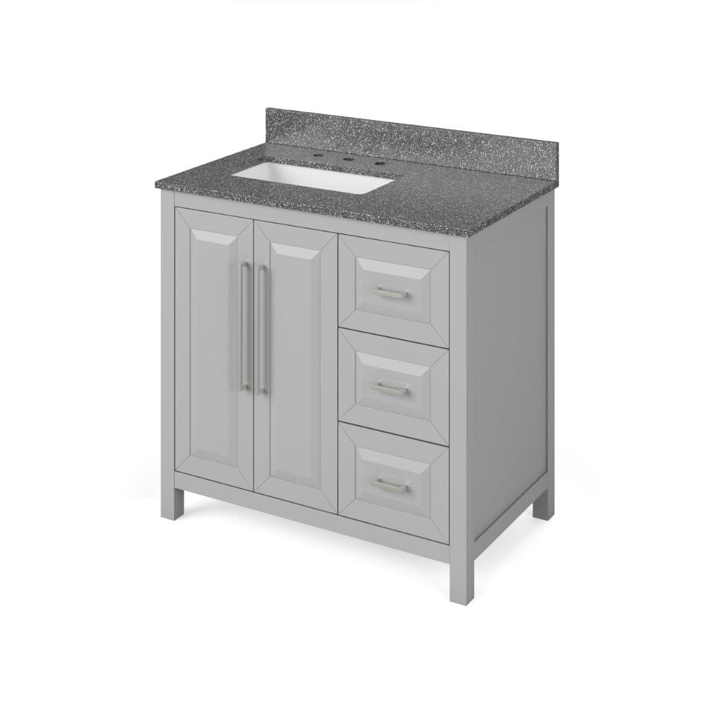 Jeffrey Alexander 36" Grey Cade Vanity, left offset, Boulder Vanity Cultured Marble Vanity Top, undermount rectangle bowl | VKITCAD36GRBOR