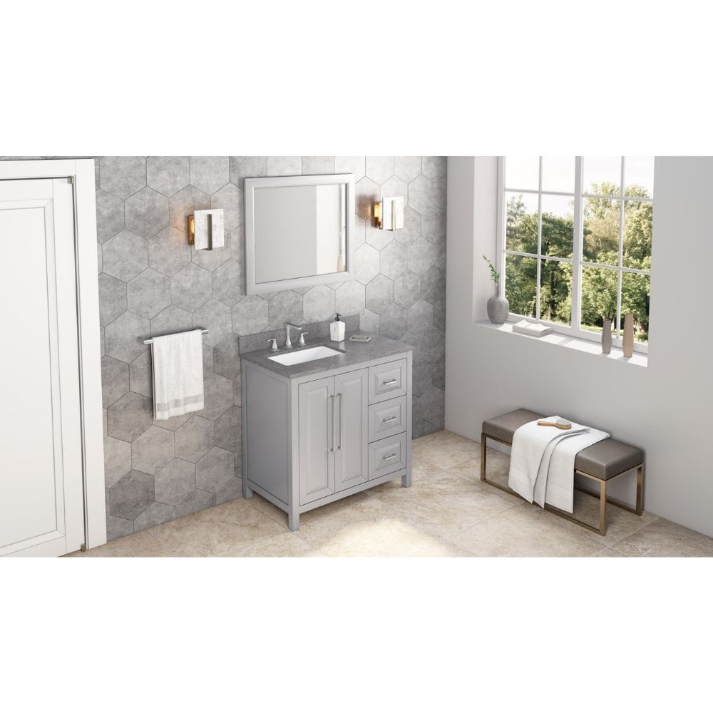 Sleek lines and raised panels come together to create a unique design for the sophisticated Cade vanity. 