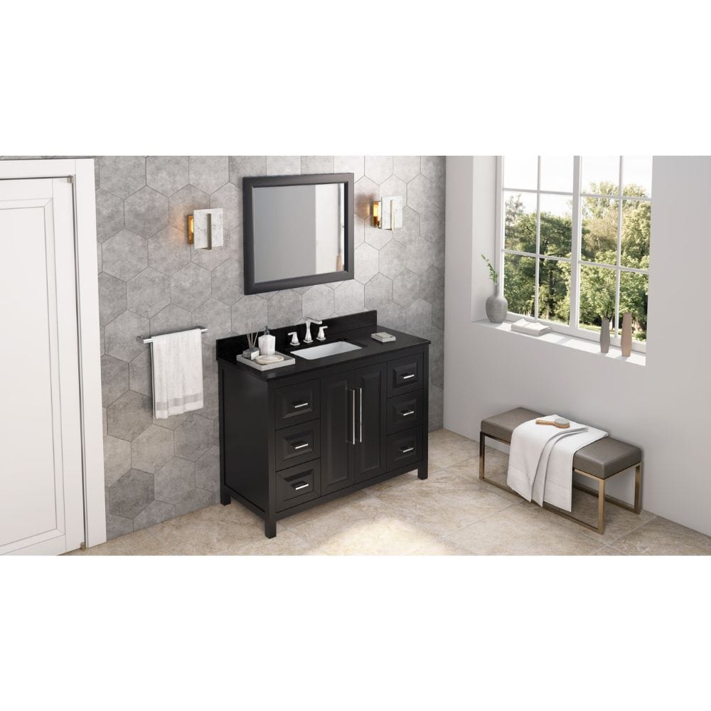 Sleek lines and raised panels come together to create a unique design for the sophisticated Cade vanity.