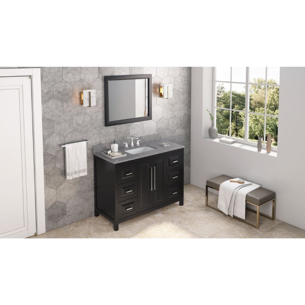 Sleek lines and raised panels come together to create a unique design for the sophisticated Cade vanity.