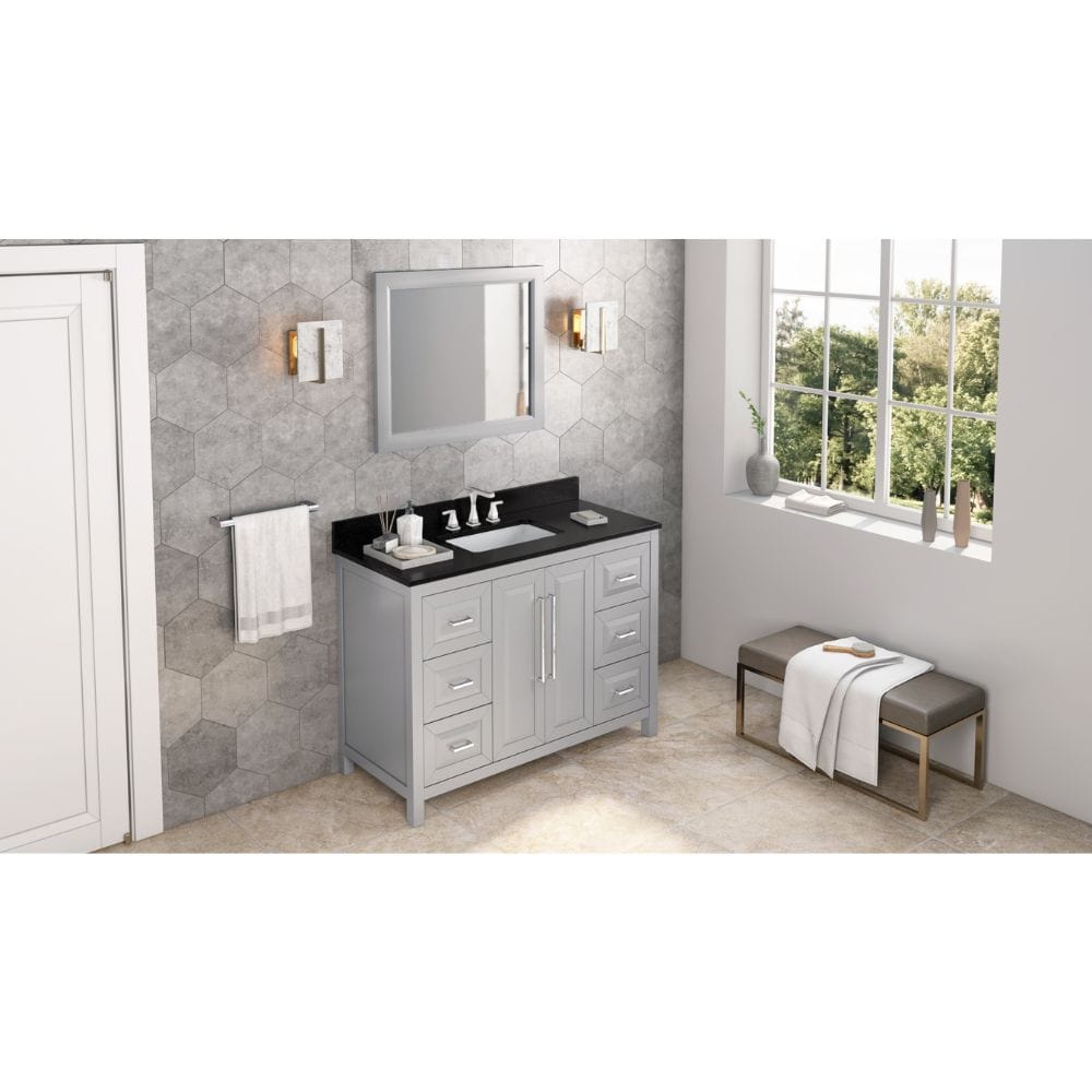 Sleek lines and raised panels come together to create a unique design for the sophisticated Cade vanity.