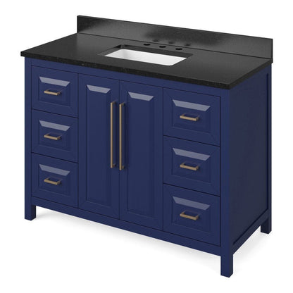 Jeffrey Alexander 48" Hale Blue Cade Vanity, Black Granite Vanity Top, undermount rectangle bowl | VKITCAD48BLBGR