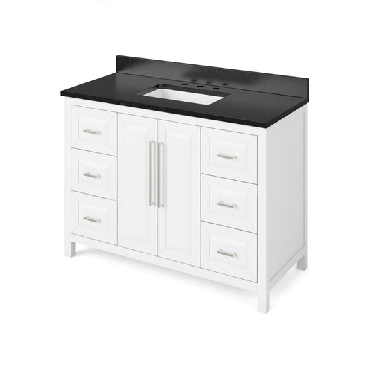 Jeffrey Alexander 48" White Cade Vanity, Black Granite Vanity Top, undermount rectangle bowl | VKITCAD48WHBGR