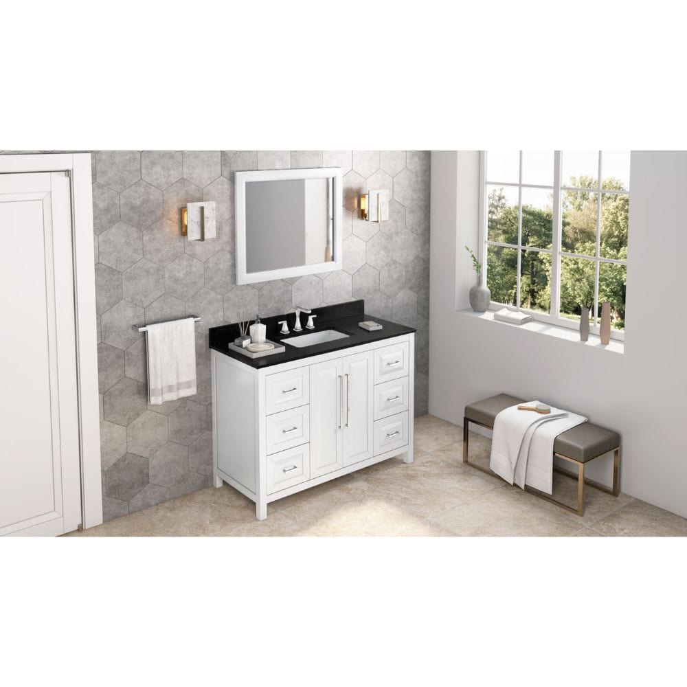 Sleek lines and raised panels come together to create a unique design for the sophisticated Cade vanity.