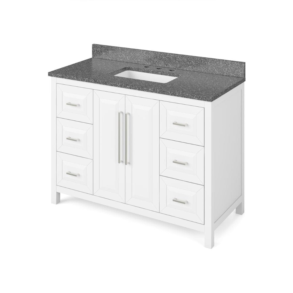 Jeffrey Alexander 48" White Cade Vanity, Boulder Cultured Marble Vanity Top, undermount rectangle bowl | VKITCAD48WHBOR