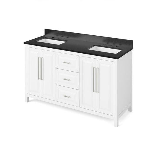 Jeffrey Alexander 60" White Cade Vanity, double bowl, Black Granite Vanity Top, undermount rectangle bowl | VKITCAD60WHBGR