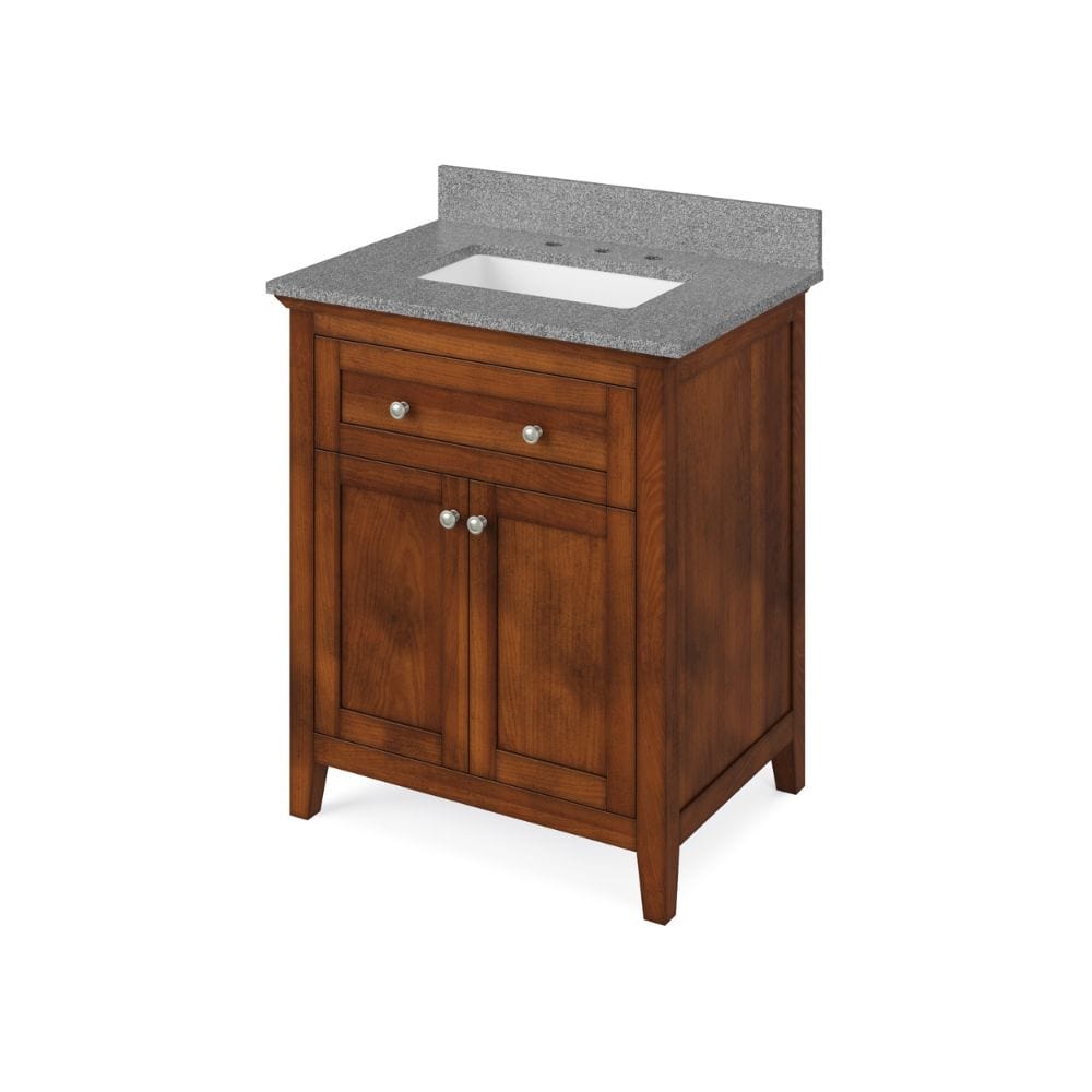 Jeffrey Alexander 30" Chocolate Chatham Vanity, Steel Grey Cultured Marble Vanity Top, undermount rectangle bowl | VKITCHA30CHSGR