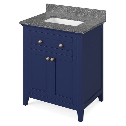 Jeffrey Alexander 30" Hale Blue Chatham Vanity, Boulder Cultured Marble Vanity Top, undermount rectangle bowl | VKITCHA30BLBOR