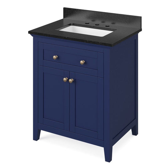 Jeffrey Alexander 30" Hale Blue Chatham Vanity, Black Granite Vanity Top, undermount rectangle bowl | VKITCHA30BLBGR