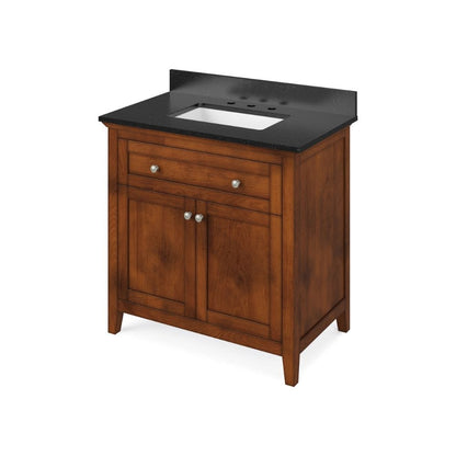 Jeffrey Alexander 36" Chocolate Chatham Vanity, Black Granite Vanity Top, undermount rectangle bowl | VKITCHA36CHBGR