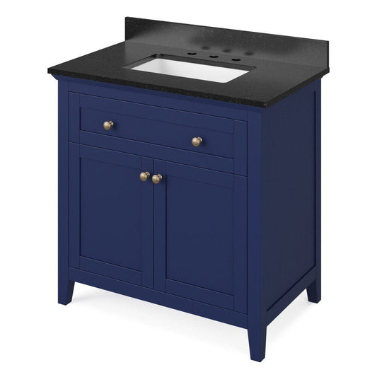 Jeffrey Alexander 36" Hale Blue Chatham Vanity, Black Granite Vanity Top, undermount rectangle bowl | VKITCHA36BLBGR