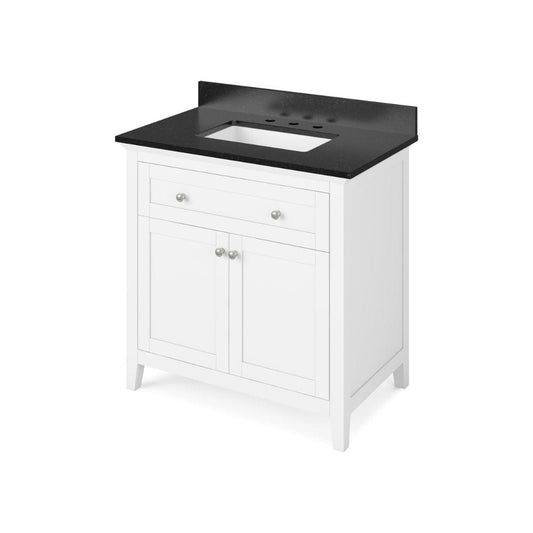 Jeffrey Alexander 36" White Chatham Vanity, Black Granite Vanity Top, undermount rectangle bowl | VKITCHA36WHBGR