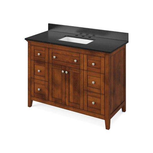 Jeffrey Alexander 48" Chocolate Chatham Vanity, Black Granite Vanity Top, undermount rectangle bowl | VKITCHA48CHBGR