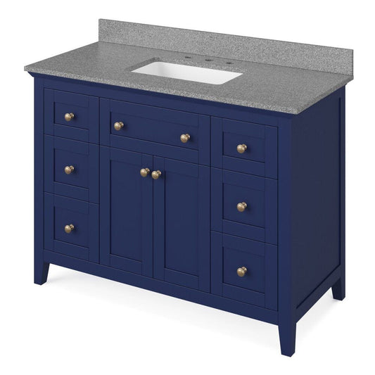 Jeffrey Alexander 48" Hale Blue Chatham Vanity, Steel Grey Cultured Marble Vanity Top, undermount rectangle bowl | VKITCHA48BLSGR