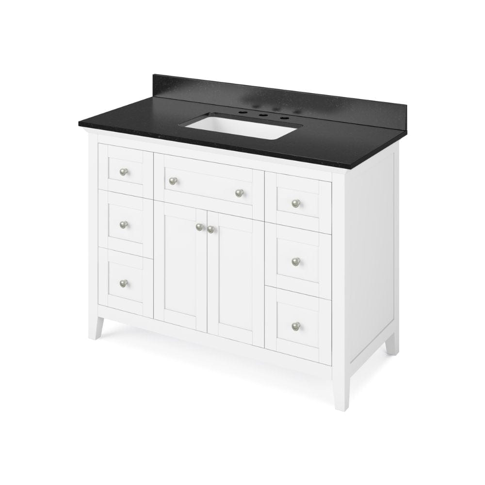 Jeffrey Alexander 48" White Chatham Vanity, Black Granite Vanity Top, undermount rectangle bowl | VKITCHA48WHBGR