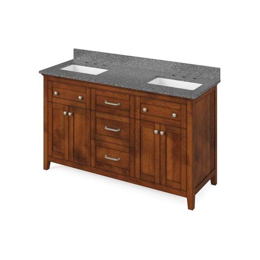 Jeffrey Alexander 60" Chocolate Chatham Vanity, double bowl, Boulder Cultured Marble Vanity Top, two undermount rectangle bowls | VKITCHA60CHBOR