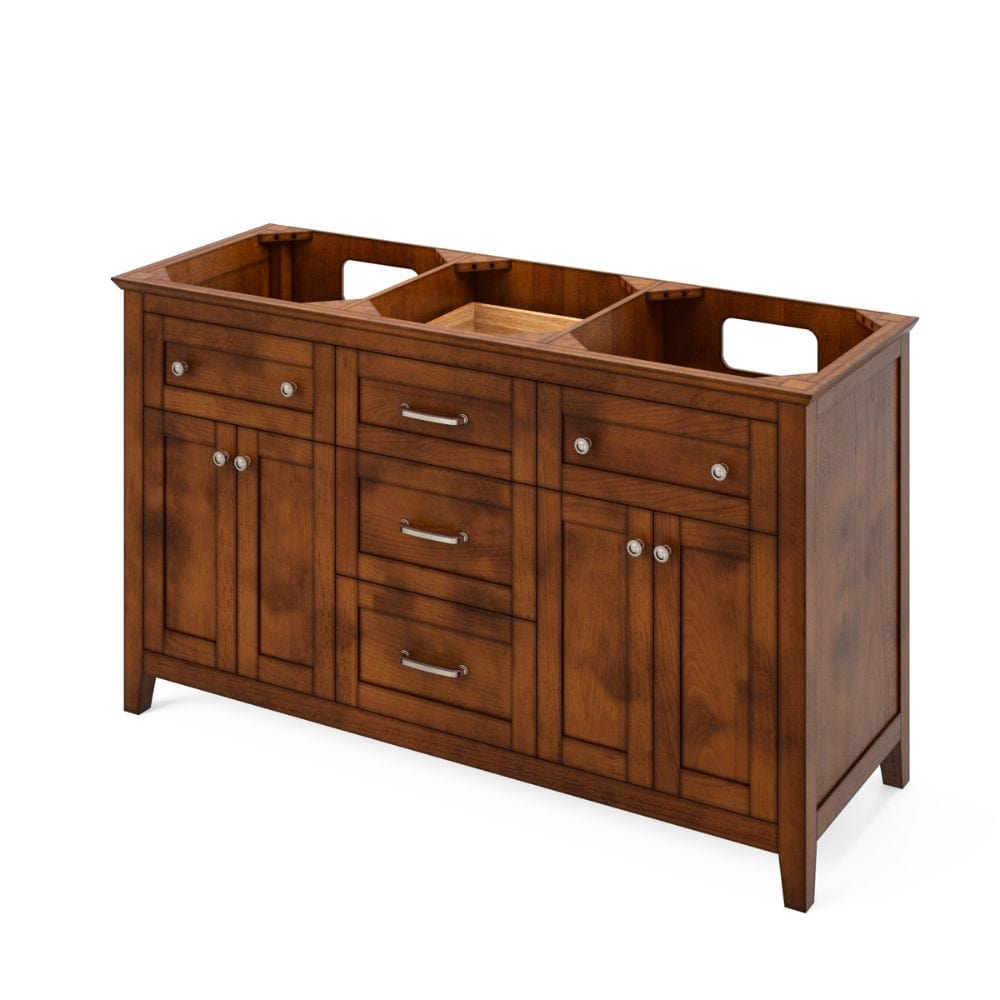 Maximum storage with two hardwood custom tipout trays, multiple dovetail drawers, and adjustable shelves Round knobs and pulls are included