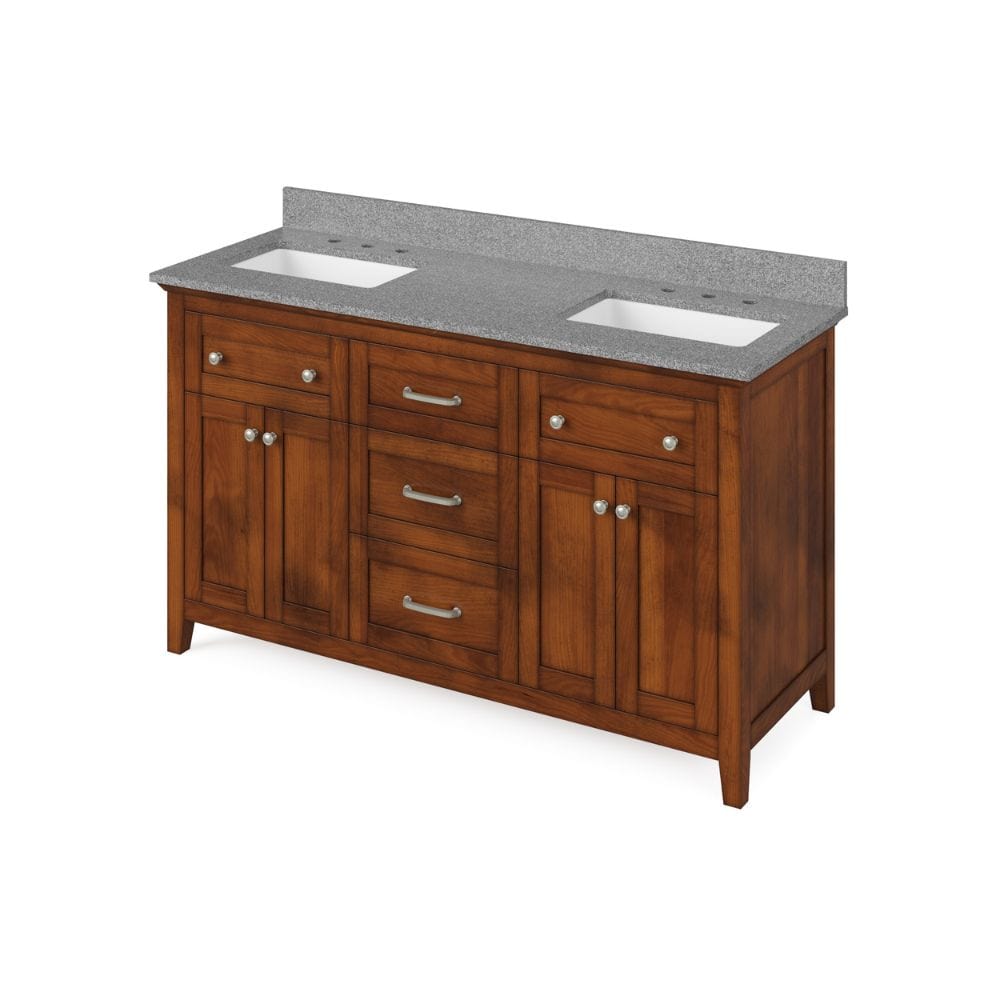 Jeffrey Alexander 60" Chocolate Chatham Vanity, double bowl, Steel Grey Cultured Marble Vanity Top, two undermount rectangle bowls | VKITCHA60CHSGR