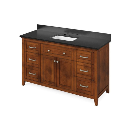 Jeffrey Alexander 60" Chocolate Chatham Vanity, Black Granite Vanity Top, undermount rectangle bowl | VKITCHA60SCHBGR