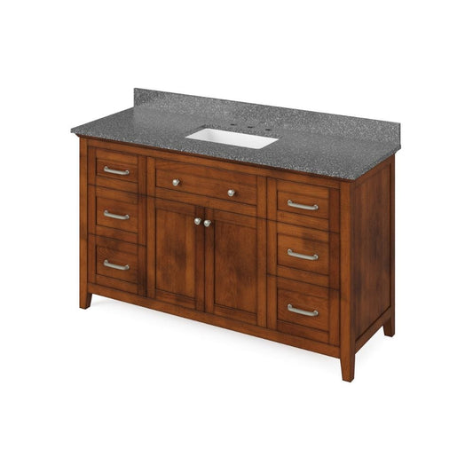 Jeffrey Alexander 60" Chocolate Chatham Vanity, Boulder Cultured Marble Vanity Top, undermount rectangle bowl | VKITCHA60SCHBOR