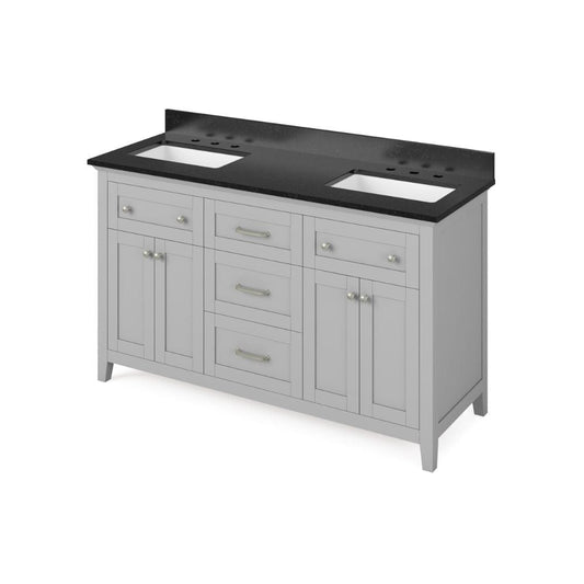 Jeffrey Alexander 60" Grey Chatham Vanity, double bowl, Black Granite Vanity Top, two undermount rectangle bowls | VKITCHA60GRBGR