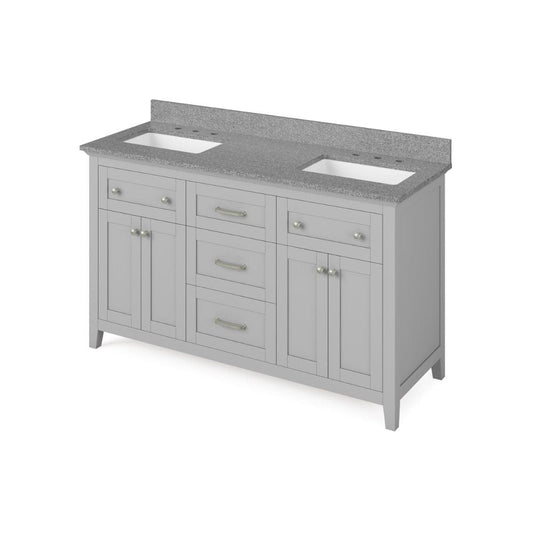 Jeffrey Alexander 60" Grey Chatham Vanity, double bowl, Steel Grey Cultured Marble Vanity Top, two undermount rectangle bowls | VKITCHA60GRSGR